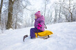 © Владислав Легір - Wide landscape shot of family sledding in beautiful snowy forest on cold winter day