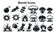 © cac_tus - Graphic explosion icons set featuring classic bombs, missiles, mushroom clouds, and blast effects for military, hazard, and danger concepts