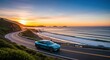 © twilight mist - Sleek modern automobile travels along a winding coastal highway during a vibrant sunset