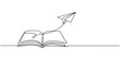 © Creative Tania - Opened book and flying paper plane continuous one line drawing. Hand drawn line art vector illustration, Creative strategy and education innovation, Minimalist simple contour design.