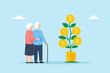 © VZ_Art - Flat illustration of elderly couple looking at money plant with gold coins representing retirement savings long term investment growth financial security passive income and wealth planning