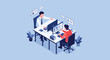 © John - Isometric illustration of two men working together at a shared office desk with computers, books, and plants on a light blue background.