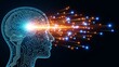 © DAS - Human head with brain illuminated by bright light, emitting data streams of blue and orange particles from the mind