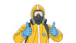 © jomadderrois - Person in a yellow protective hazmat suit and full gas mask giving a double thumbs up gesture against a plain white background.