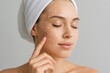 © diproduction - Woman with digital facial mapping lines, promoting skin analysis and beauty technology concept on neutral background. Ai generative. Ai generative