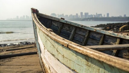  Weathered boat rests on sandy shore of Indian coastal city, with skyline in background showcasing urban life and tranquility
