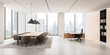 © ImageFlow - Modern minimalist office interior with conference table and executive desk in high-rise building overlooking city skyline, bright daylight background. 3D Rendering