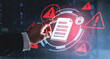 © ImageFlow - Cybersecurity document breach warning concept with hand interacting on futuristic digital interface background highlighting data risk alert symbols.