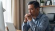 © W.O.W - Caucasian man sitting with closed eyes, feeling stressed and worried while working on laptop at desk. Remote work burnout.