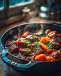 © Yurii Semonov - Beef and pork stew simmering with carrots and herbs in cast iron pot