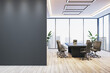 © Who is Danny - Modern conference room mockup with dark wall and panoramic city view in high-rise office interior, minimal furniture, and natural lighting setup. 3D Rendering