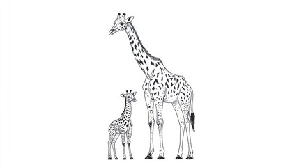  Giraffe mother and calf, side view, black and white, wildlife illustration, nature, educational, zoo, print, poster