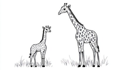  Two giraffes, one young and one adult, in a simple landscape.  Possible use Children's book illustration