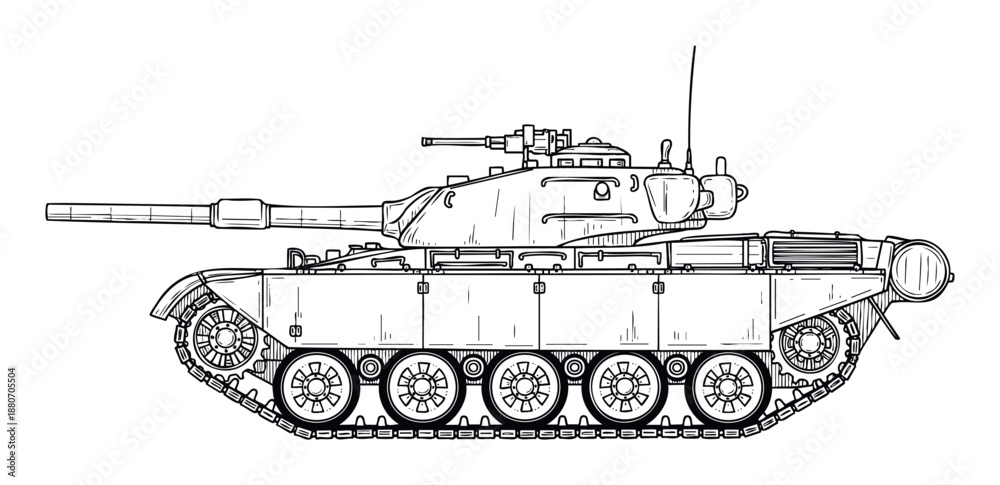 Technical line drawing of a powerful military main battle tank in side ...