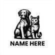 © Hamzah - Elegant monochrome vector illustration featuring a loyal dog and a graceful cat sitting together, perfect for a pet care brand logo or animal companionship emblem design