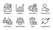 © Chog - Email marketing line icons set. Newsletter, analytics, automation, subscriber list, A/B testing, segmentation, spam, engagement. Minimalistic outline vector design on white background.