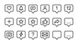 © Reniel - Social media notification bubbles vector icon set. Minimalist line art speech bubble symbols. Heart like chat message alert user profile signs. App interface UI UX design elements.