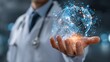 © MD - Doctor holding a glowing digital globe in hand with network connections healthcare