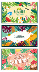  Set of colorful Hello Summer banners. Tropical background with vibrant hibiscus flowers, exotic leaves, fruits, and beach elements flat illustration