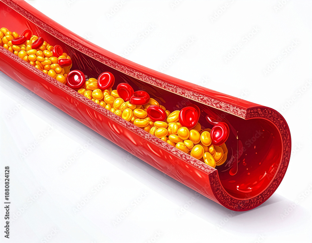 Photo Stock Cross-section of a blood vessel showing plaque buildup and ...