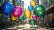 © PixelSynth - A vibrant city street decorated with colorful balloons and bicycles on a sunny day