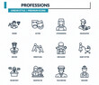 © IconArt - professions icons set - miner, actor, stewardess, baby sitter, builder outline vector collection.
