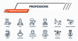 © IconArt - professions icons set - pharist, maid, electrician, it manager, driver outline vector collection.