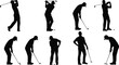 © GOLAPI - Silhouettes of golfers performing various swings, putting stances, and golf actions, showcasing diverse positions and techniques in professional golf practice