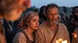 © Margarita Ratatosk - Woman crying and older man with beard, dressed in ancient robes, in a crowd with fire light. Devotional, biblical, Christian story or Old Testament scene.