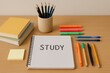 © MD - Prepare for success with study supplies like notebooks, pencils, and books for learning notebook.
