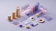 © MAGNIFIER - Business investment overview, diversified coins and charts in isometric layout, clean modern look, 3D illustration.