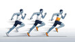 © Koko - Three male runners sprinting in an athletic competition, determined expression, bright studio background.