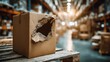 © dmmarychev - Large torn hole in cardboard box on wooden pallet in warehouse logistics center