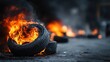 © dmmarychev - Burning rubber car tires on a city street with black smoke and fire
