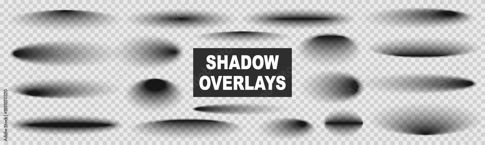 Transparent gray shadows with soft edges isolated set, drop shadow effect, soft round and oval gradient