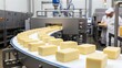 © Mariya Sorvacheva - Cheese blocks moving along a conveyor belt in a modern food production facility, showcasing the automated process of cheese manufacturing and quality control