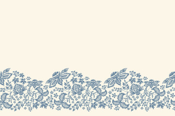 Naklejka na meble Vintage floral ethnic tapestry modern embroidery texture boho design vector illustration hand drawn silhouette indigo blue flower motif branches leaves wallpaper seamless background border.