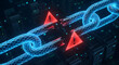 © solom - broken glowing blue digital chain with red warning alert icons representing a cybersecurity breach data link failure network vulnerability and system error in a server room