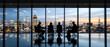 © itlada - Business meeting of silhouetted executives in boardroom featuring panoramic windows overlooking a glowing city skyline at twilight for corporate leadership and strategic planning media