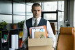 © be free - Last day at work. Upset office worker is fired. Fired and unemployment with business man. Job loss. Fired jobless employee. Unemployment crisis of man dismissed. Business man packing stuff