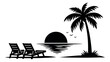 © labirint - Silhouette illustration of a beach sunset with palm tree and chairs depicting a peaceful evening for travel