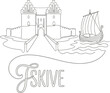 © godsfavoritearts - Skive Denmark castle and Viking ship line art vector illustration