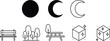 © Sumon Creative - Minimal park and nature icon set with moon phases, trees, bench and picnic table, outline flat vector symbols