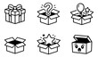 © cac_tus - Line art mystery box icon set featuring presents, question marks, and surprise elements for promotions