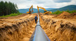 © ArtStock - Construction of natural gas pipeline in trench. Black pipe laying underground, excavation machinery. Heavy equipment. Petrochemical industry, oil, gas, fuel transportation
