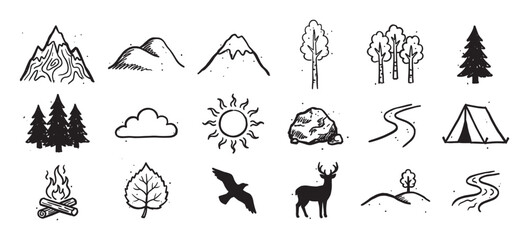 Naklejka na meble Set of hand-drawn black and white icons featuring nature, camping, and outdoor adventure elements like mountains, trees, a tent, and a campfire in a simple doodle style