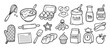 © Mr. Stocker - Set of hand-drawn baking illustrations featuring essential kitchen tools and ingredients like flour, sugar, eggs, a whisk, a rolling pin, and an oven mitt in a cute doodle style