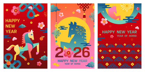  Chinese New Year 2026 Year of the Horse Poster and Greeting Card Set – Modern Geometric Vector Illustration, EPS File