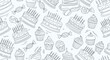 © Talukdar - Detailed line art seamless pattern featuring various cakes, cupcakes, candies, and sweets for a bakery or dessert theme.