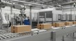 © Amir - Industrial robotic arm precisely places cardboard boxes onto a conveyor belt in a modern factory assembly line.